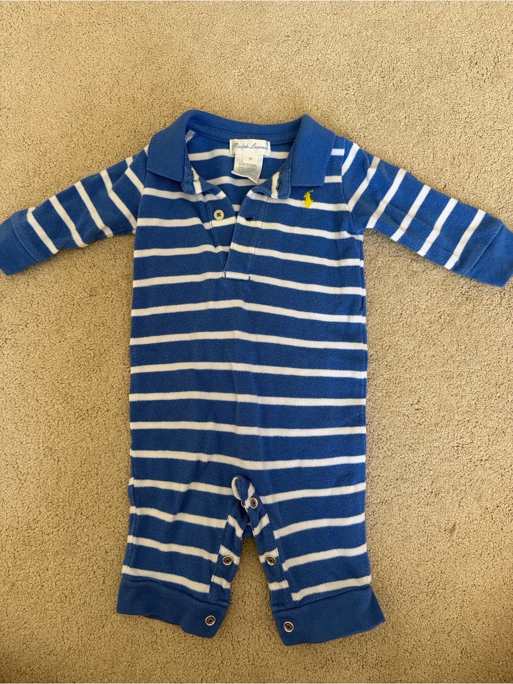 Ralph Lauren Blue & White Striped Rugby Polo Footie with Yellow Logo